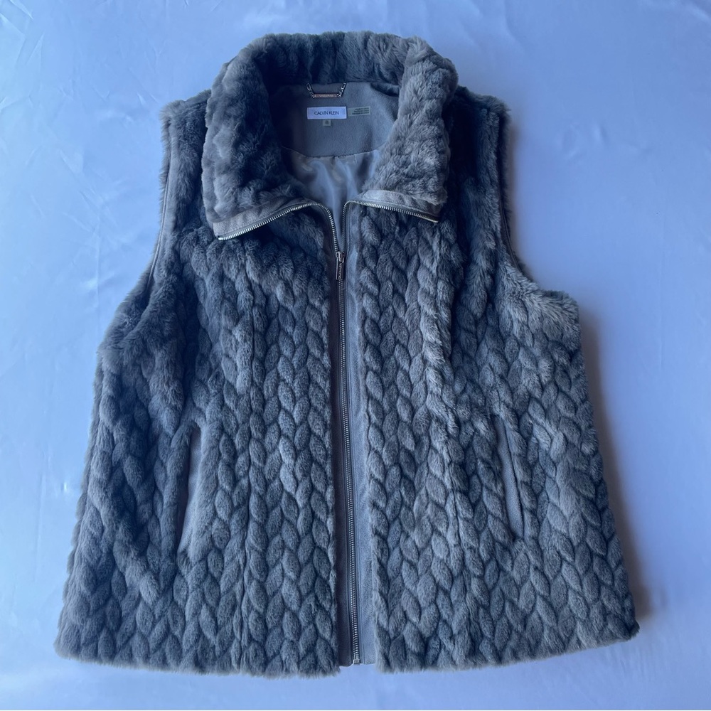 Calvin Klein Faux Fur Vest XL Gray Marled Cable Knit Zip High Neck Luxe